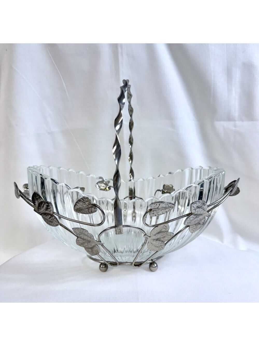 Vintage Clear Glass Basket Bowl Silver Plated Handle 9.5"